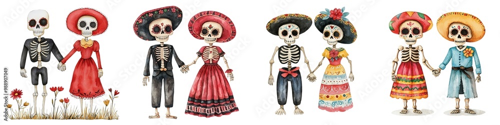 Colorful skeleton figures celebrating Dia de los Muertos.