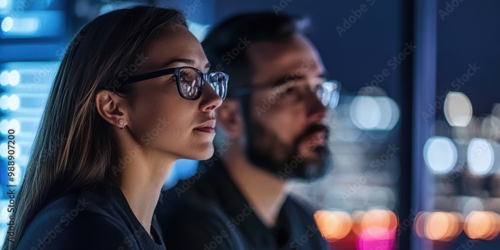 Two IT professionals discussing cybersecurity strategies in a modern office environment, focusing on data protection and technology solutions Two IT professionals discussing cybersecurity strategies in a modern office environment, focusing on data protection and technology solutions