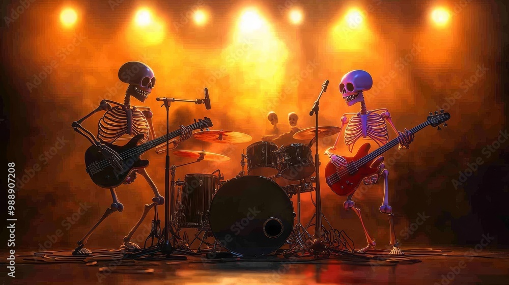 Fototapeta premium Skeleton Band Playing Rock Music on Stage