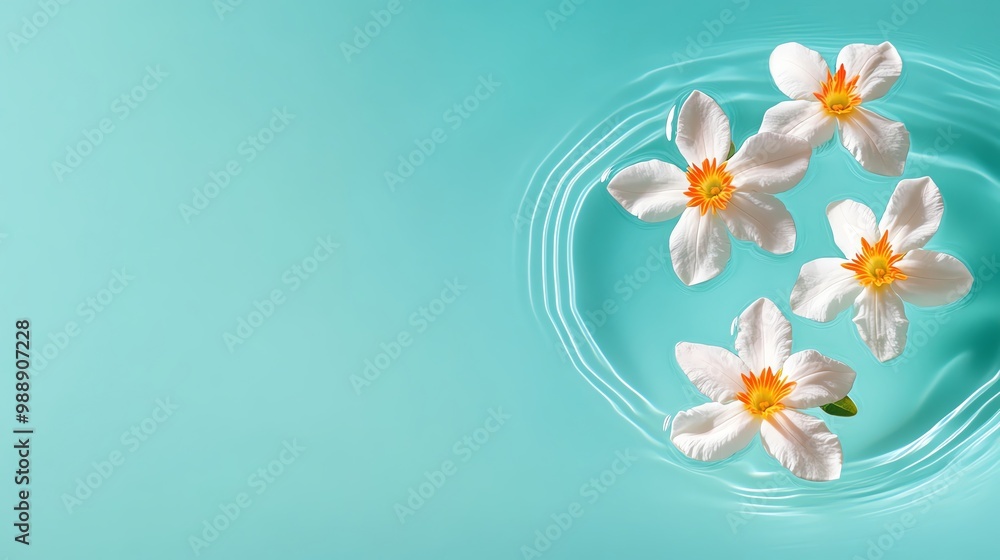 Naklejka premium Delicate flowers floating on turquoise water, serene and calming composition.