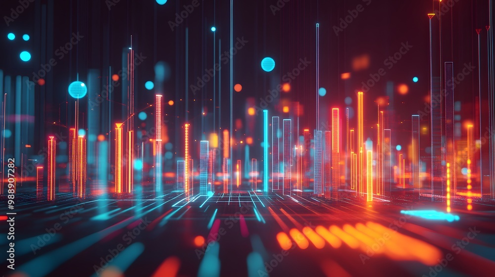 ROI (Return on Investment): A dynamic infographic showing financial gains against efforts, with animated graphs, glowing data points, and a digital financial landscape ROI (Return on Investment): A dynamic infographic showing financial gains against efforts, with animated graphs, glowing data points, and a digital financial landscape