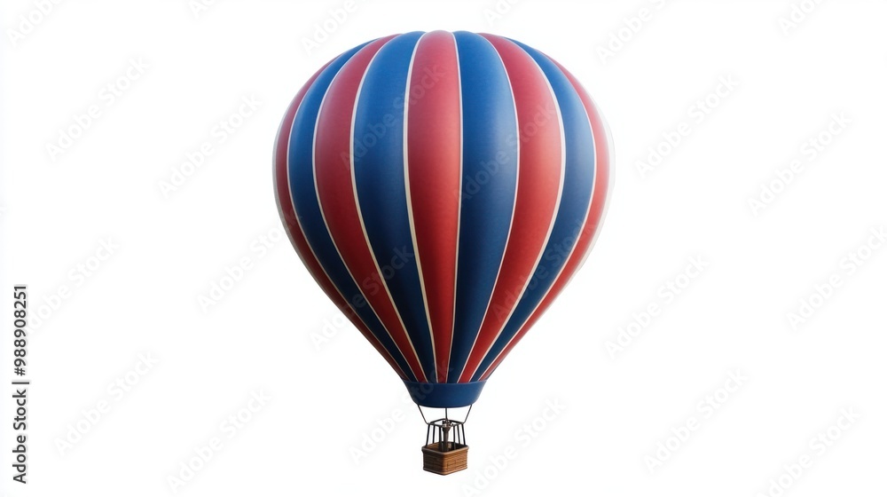 Naklejka premium Classic hot air balloon in blue and red stripes, floating against a pure white backdrop.