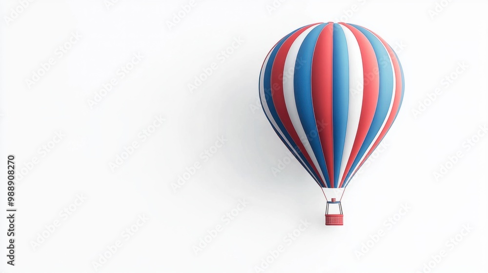 Fototapeta premium Classic hot air balloon in blue and red stripes, floating against a pure white backdrop.