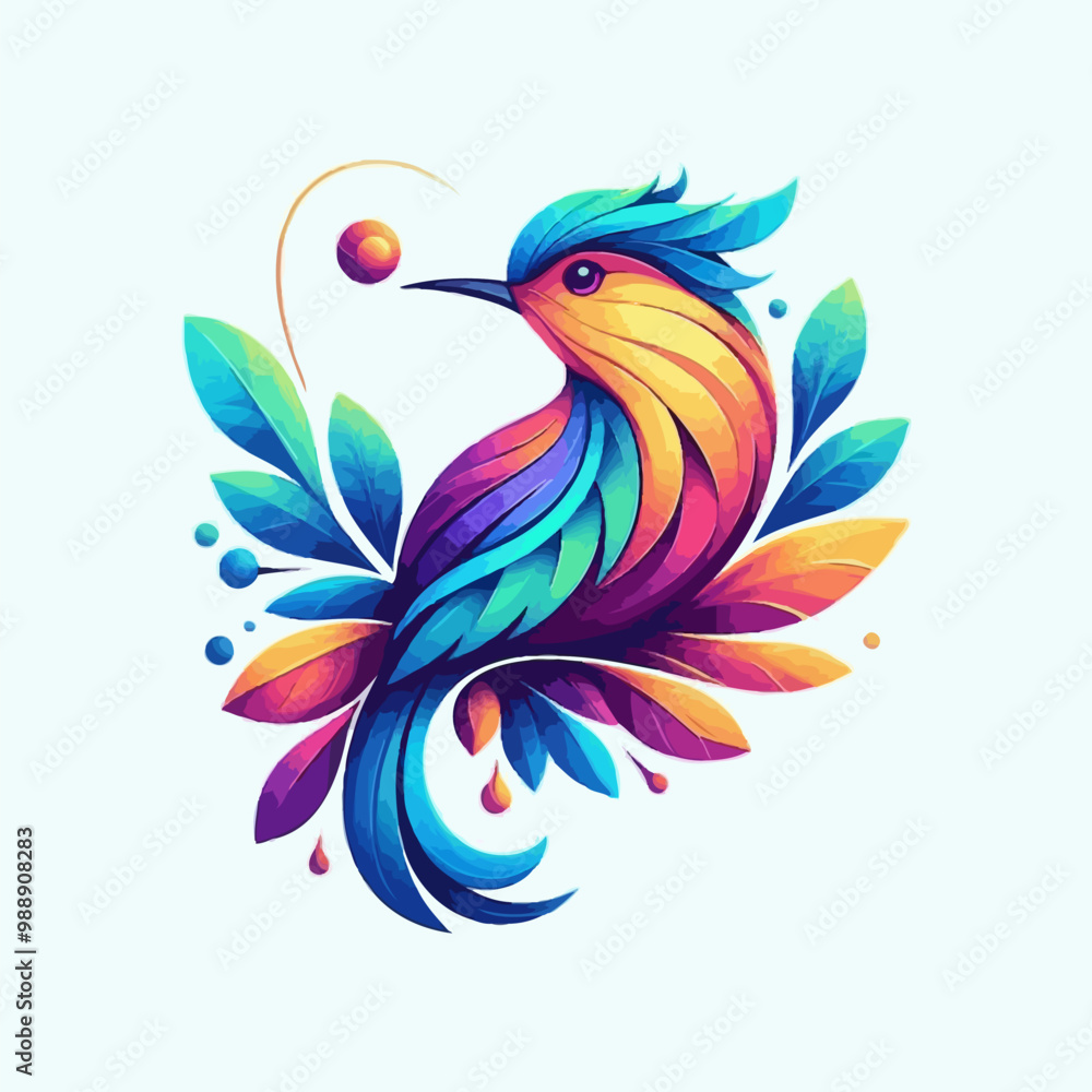 Obraz premium Colorful Bird With Flowers, Adobe Illustrator Vector,