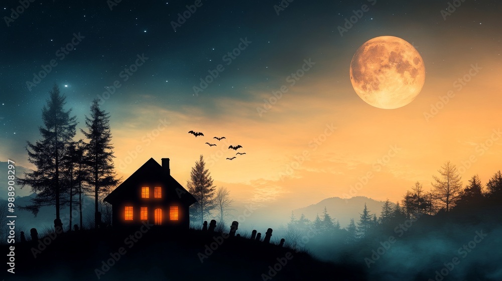 Haunted House in the Woods with Full Moon and Bats Haunted House in the Woods with Full Moon and Bats
