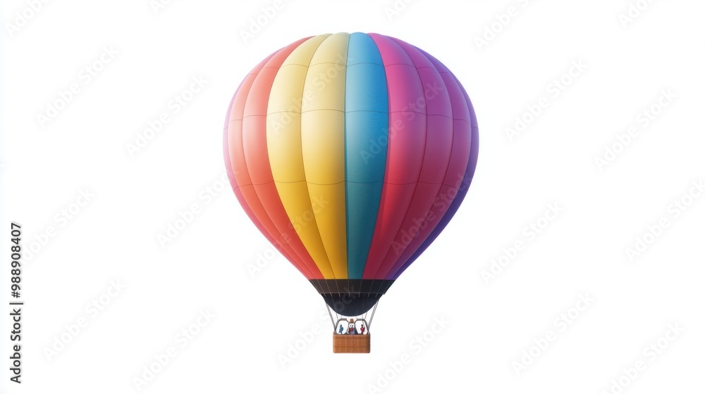 Colorful hot air balloon floating gently, isolated on white background. Balloon with striped design. Colorful hot air balloon floating gently, isolated on white background. Balloon with striped design.