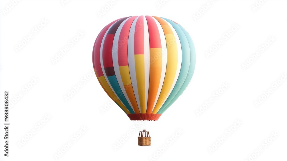 Naklejka premium Colorful hot air balloon floating gently, isolated on white background. Balloon with striped design.