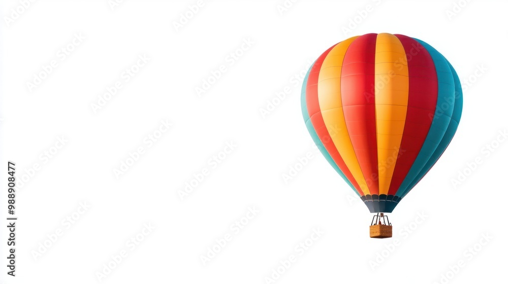 Fototapeta premium Colorful hot air balloon with a retro design, floating in a clean white sky.