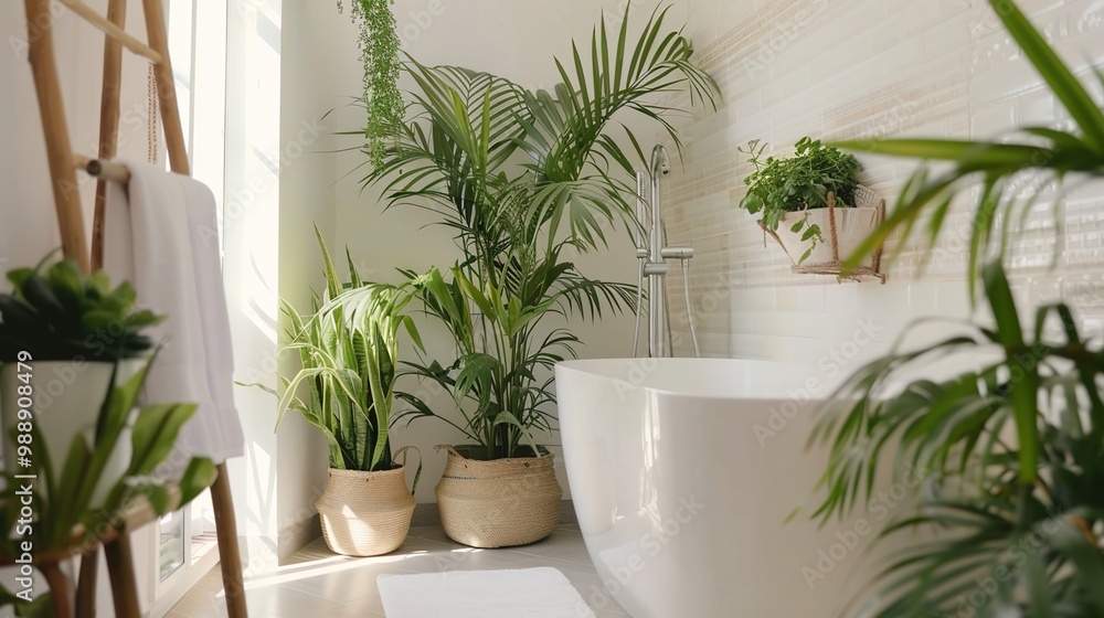 An elegant, well-lit bathroom featuring a freestanding bathtub among lush green plants and white decor
