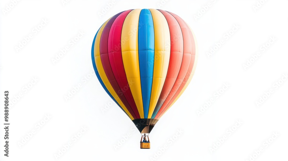 Naklejka premium Detailed side view of a single hot air balloon, bold and colorful, floating on white.