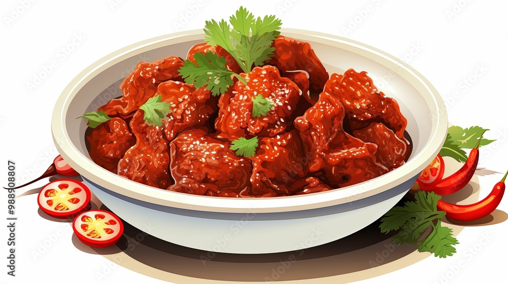Bowl of Red Meat Curry with Cilantro and Chili Peppers Bowl of Red Meat Curry with Cilantro and Chili Peppers