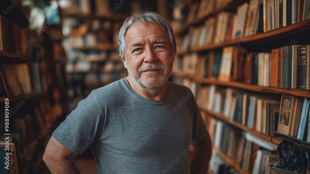 A smiling elderly man stands amidst the shelves of a cozy bookstore. A smiling elderly man stands amidst the shelves of a cozy bookstore.