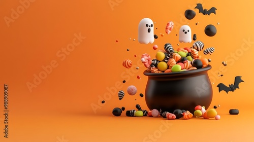 Halloween Candy Cauldron With Ghosts and Bats photo