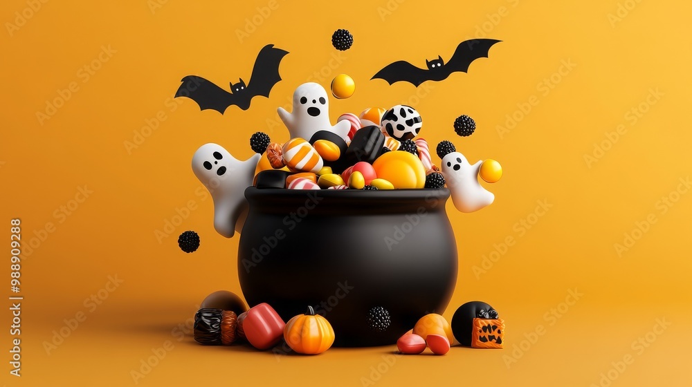 Obraz premium Halloween Cauldron with Ghosts Bats and Candy
