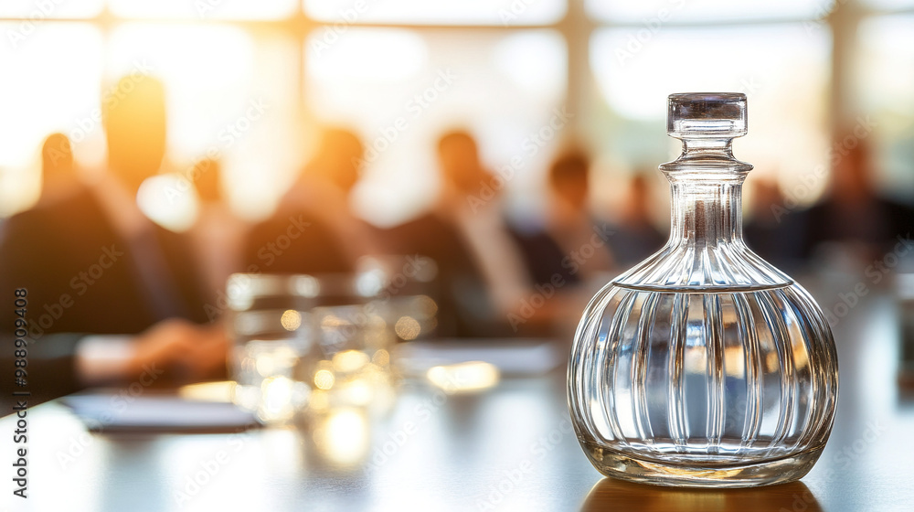 Science laboratory glass flask placed on a table in a business meeting room, symbolizing innovation and experimentation. Science laboratory glass flask placed on a table in a business meeting room, symbolizing innovation and experimentation.