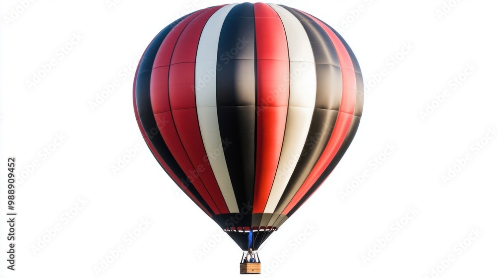 Fototapeta premium Hot air balloon featuring bold diagonal stripes, isolated in mid-flight against white.