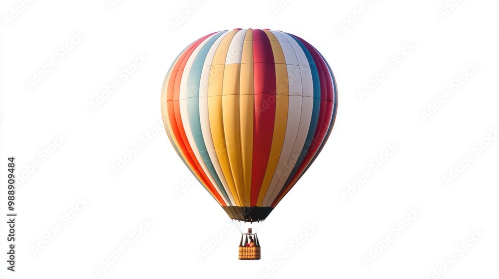 Fototapeta premium Hot air balloon featuring bold diagonal stripes, isolated in mid-flight against white.