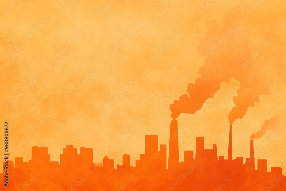 Fototapeta premium Industrial skyline silhouette with smoke against an orange background.