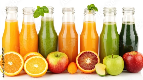 A collection of glass bottles with different freshly squeezed juices, including orange, apple, and green juices, set on a white background.