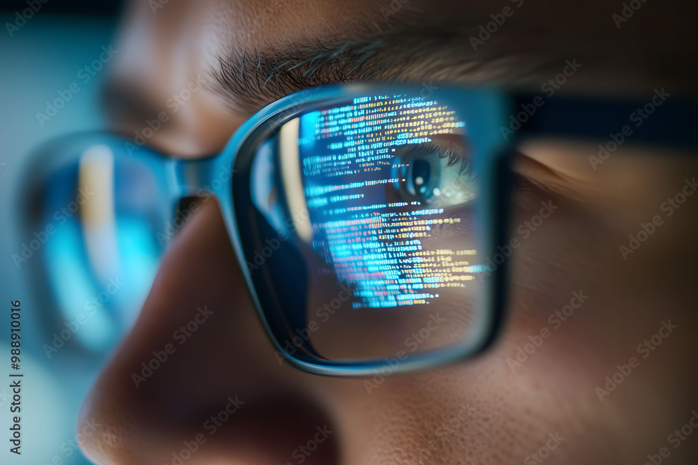 focus on eye close-up view. Focused developer coder wears glasses working on computer looking at programming code data cyber security digital tech reflecting in spectacles developing software program. focus on eye close-up view. Focused developer coder wears glasses working on computer looking at programming code data cyber security digital tech reflecting in spectacles developing software program.