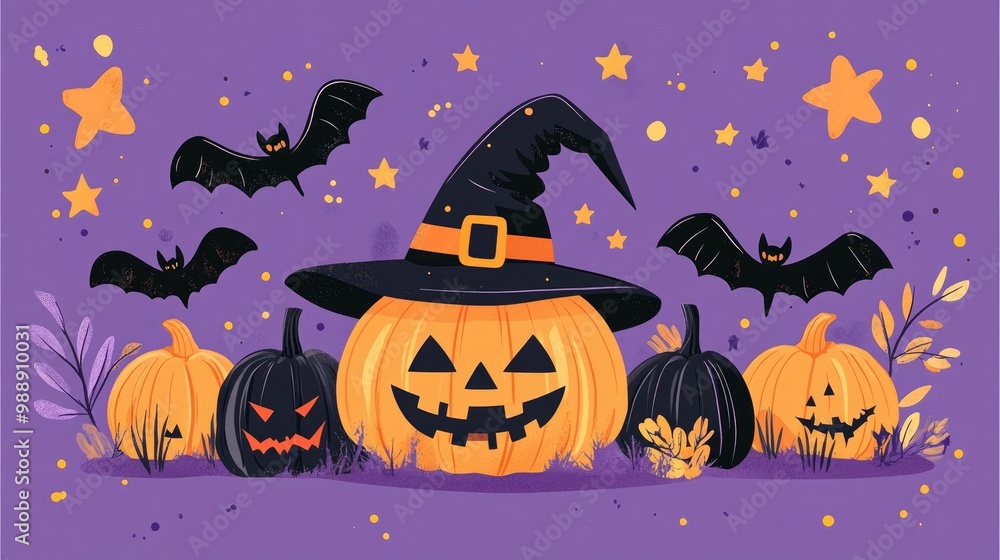 Illustrated Halloween text featuring bats stars a witch hat and whimsical pumpkins on a purple backdrop Ideal for festive flat style decor on postcards invitations and banners Illustrated Halloween text featuring bats stars a witch hat and whimsical pumpkins on a purple backdrop Ideal for festive flat style decor on postcards invitations and banners