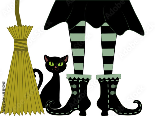 Legs of a Halloween witch wearing curly toe boots  standing next to an upright broom with a black cat peeking from behind it cartoon illustration clipart