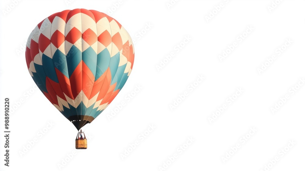Fototapeta premium Hot air balloon with a modern, abstract pattern, floating against a blank white background.