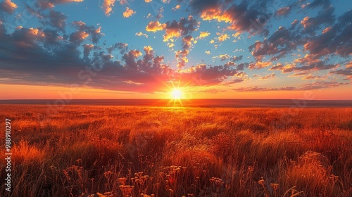 Wallpaper Mural Golden sunset over a field of tall grass with a bright sun shining through fluffy clouds. AI generative. . Torontodigital.ca