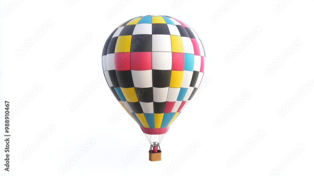 Naklejka premium Hot air balloon with checkerboard patterns, floating against a bright white background.