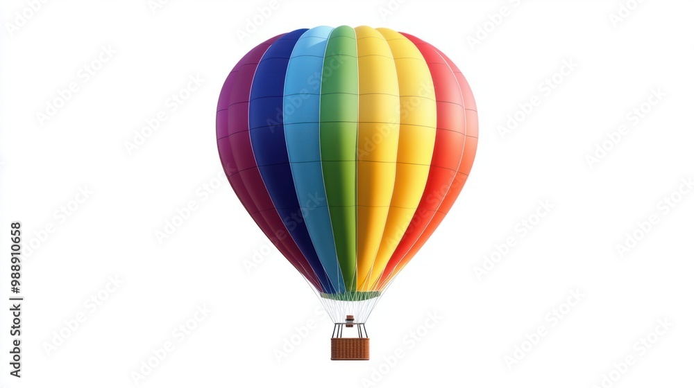 Hot air balloon with rainbow-colored stripes floating in mid-air, set on white background. Hot air balloon with rainbow-colored stripes floating in mid-air, set on white background.