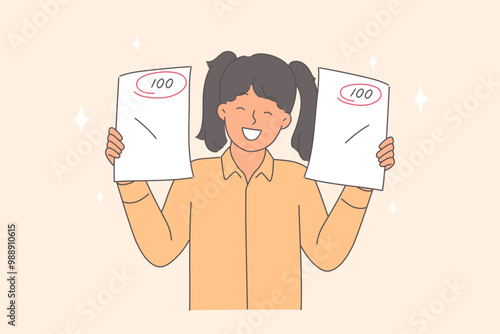 Schoolgirl rejoices at receiving excellent grade and completing exam test with 100 points