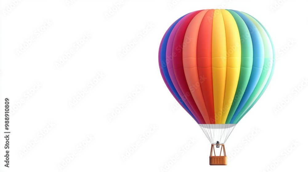 Fototapeta premium Hot air balloon with rainbow-colored stripes floating in mid-air, set on white background.