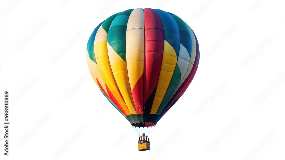 Fototapeta premium Large colorful hot air balloon mid-flight, floating against white background.