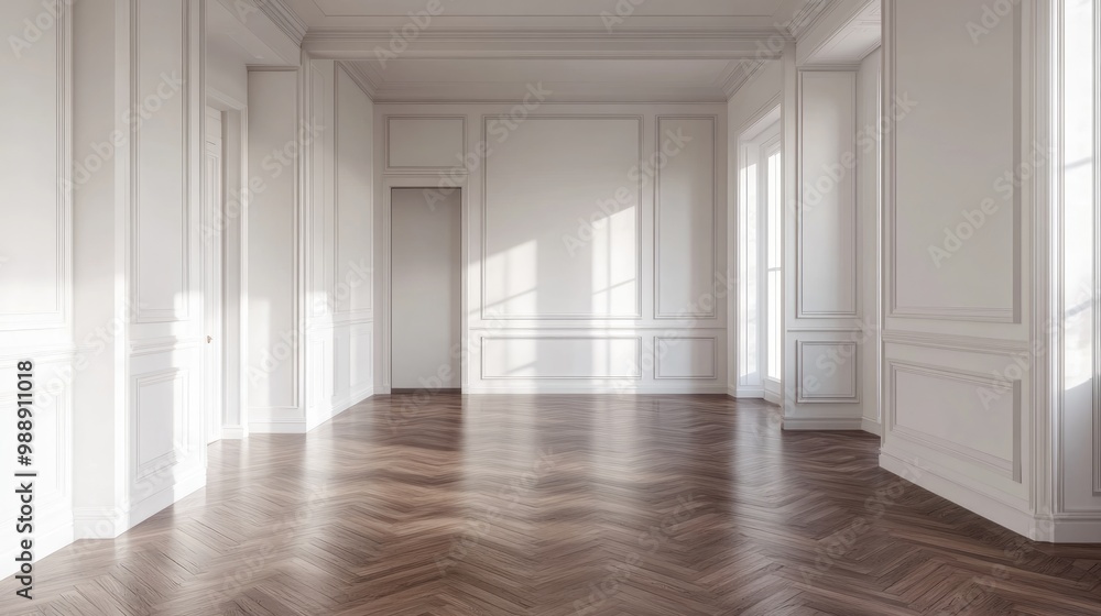 Empty room interior design featuring classic open space white walls parquet flooring trim molding and Victorian luxury style devoid of people ideal for mock up with copy space 3D illustration Empty room interior design featuring classic open space white walls parquet flooring trim molding and Victorian luxury style devoid of people ideal for mock up with copy space 3D illustration
