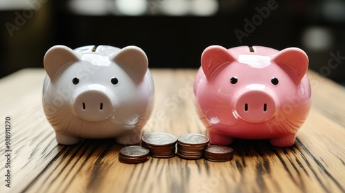 Two piggy banks side by side, one filled with coins and the other empty, highlighting different investment outcomes.