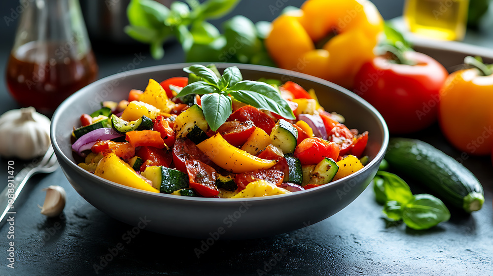 Salad with zucchini, bell pepper, tomato, onion and basil in a bowl on a black background Salad with zucchini, bell pepper, tomato, onion and basil in a bowl on a black background