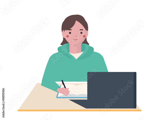 オンライン授業を受ける女性。ベクターイラスト