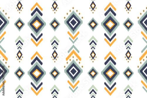 Seamless Ikat Pattern, Pastel Green Yellow Luxury, Ethnic Oriental, Indian Traditional Aztec Abstract, Design for Surface, Fabric, Clothing, Textiles and Decor.