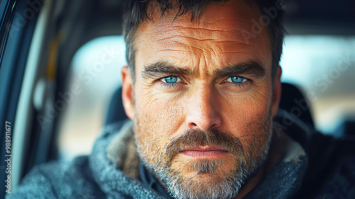 Close-up of a bearded old man with a serious expression but a slight smile. His mature face has a cheerful mood, making him look handsome and kind. Inside the car.