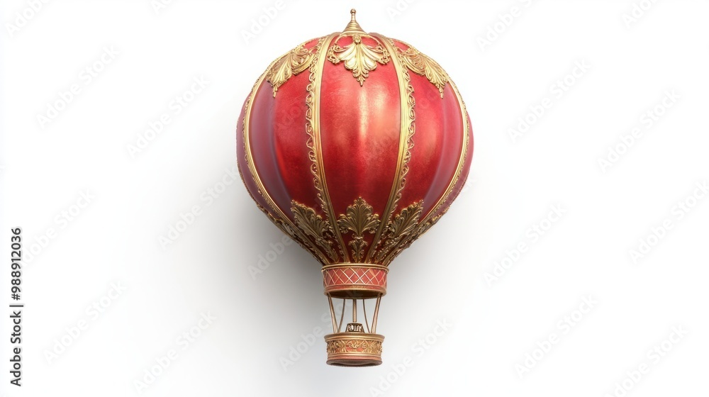 Red hot air balloon with golden accents, soaring on a white backdrop, detailed and elegant. Red hot air balloon with golden accents, soaring on a white backdrop, detailed and elegant.