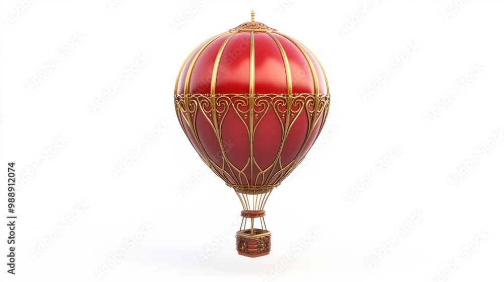 Red hot air balloon with golden accents, soaring on a white backdrop, detailed and elegant. Red hot air balloon with golden accents, soaring on a white backdrop, detailed and elegant.