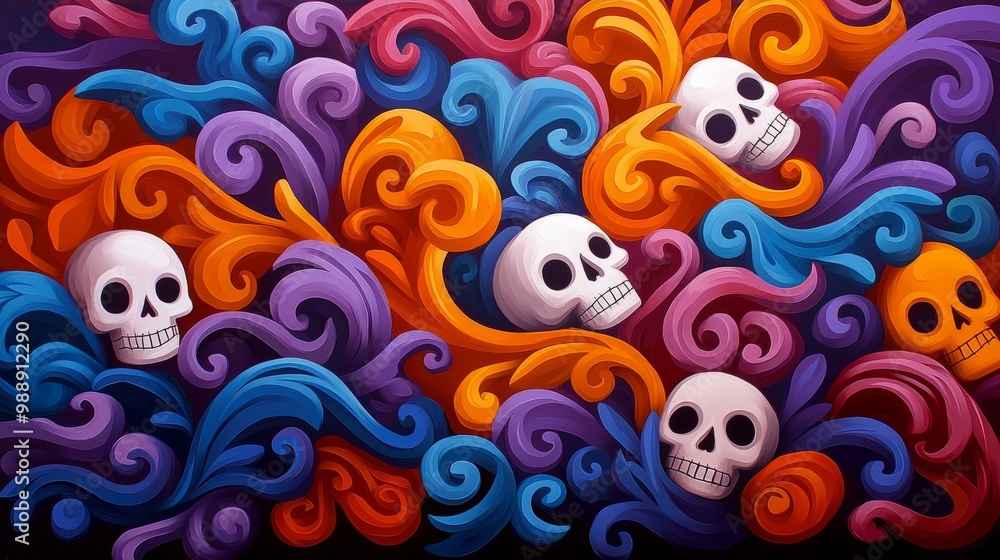 Colorful skull design with swirling patterns on a dark background. Colorful skull design with swirling patterns on a dark background.