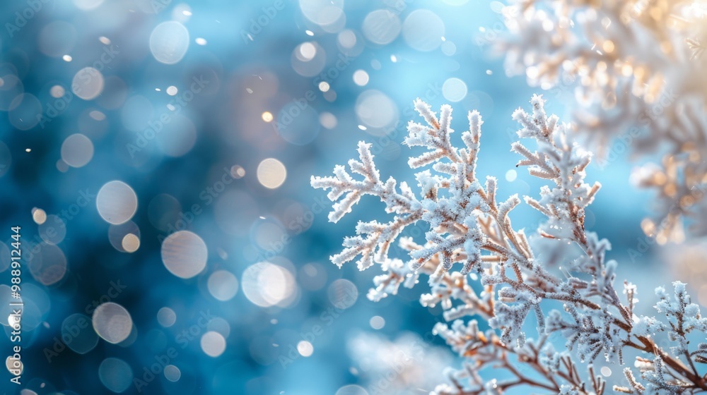 Fototapeta premium Beautiful winter scene with delicate snowflakes and ice crystals on a light blue bokeh background, perfect for Christmas and seasonal designs,holiday cards, and winter-themed marketing materials. 