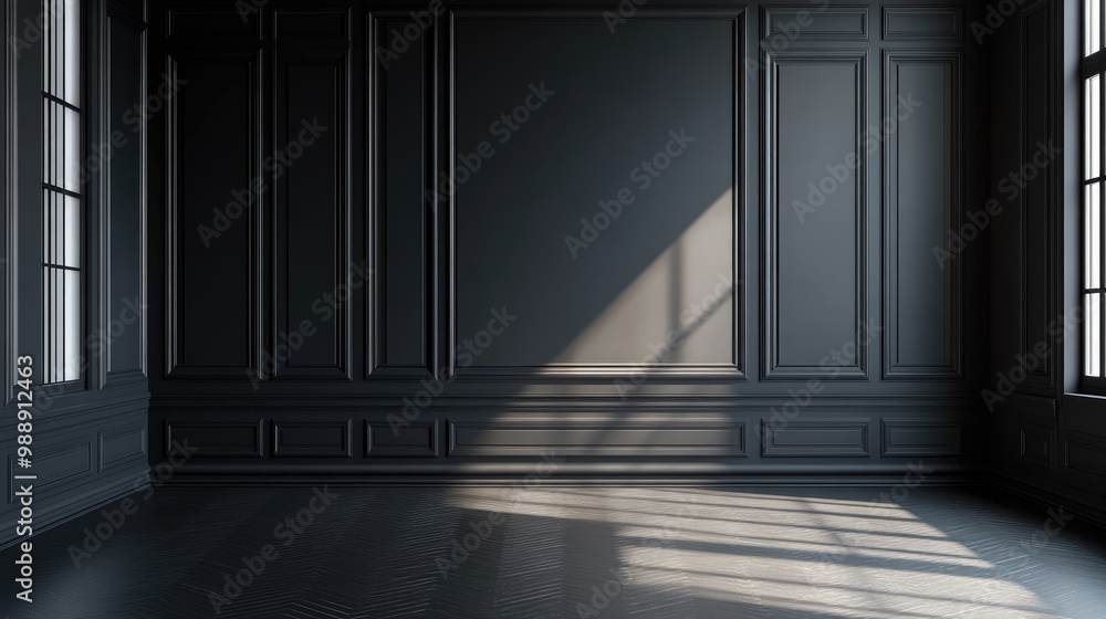 Empty black interior space illuminated by sunlight streaming through a window featuring classic black decorative molding on the walls along with a flat floor ceiling and baseboard 3D illustration Empty black interior space illuminated by sunlight streaming through a window featuring classic black decorative molding on the walls along with a flat floor ceiling and baseboard 3D illustration