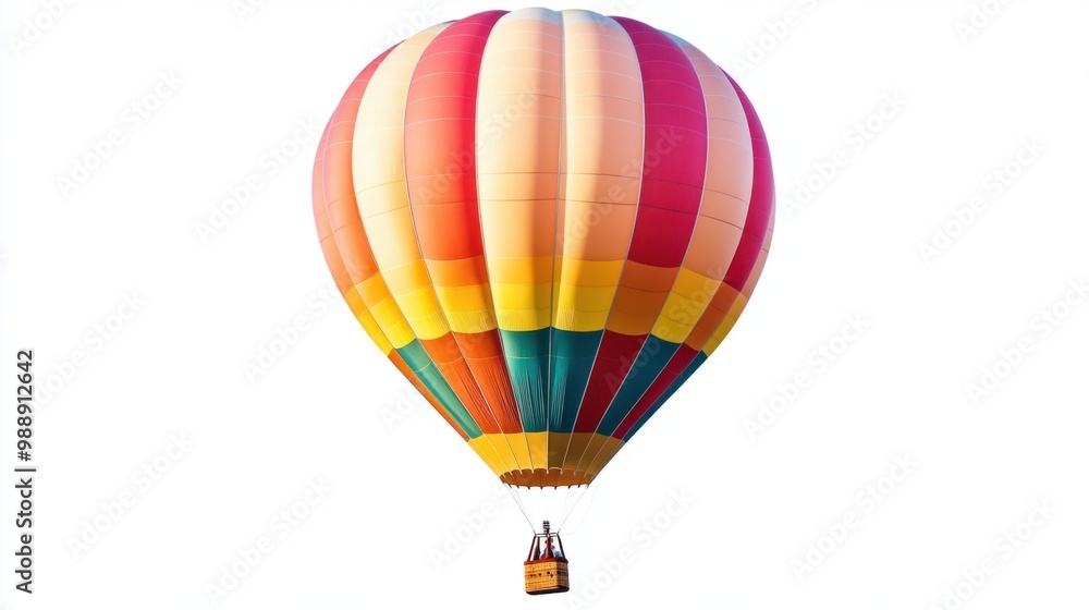 Fototapeta premium Vibrant hot air balloon soaring high, centered on white background. Bright colors in classic balloon pattern.