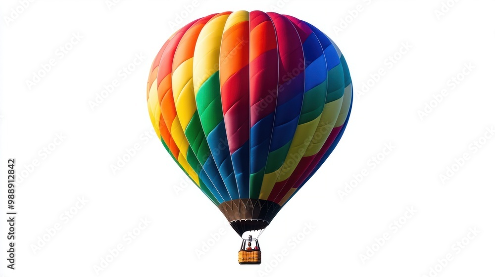 Vivid rainbow-patterned hot air balloon floating high, isolated on white. Vivid rainbow-patterned hot air balloon floating high, isolated on white.
