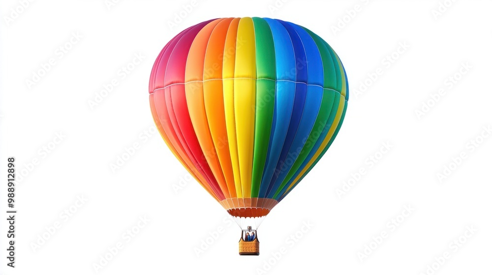 Fototapeta premium Vivid rainbow-patterned hot air balloon floating high, isolated on white.