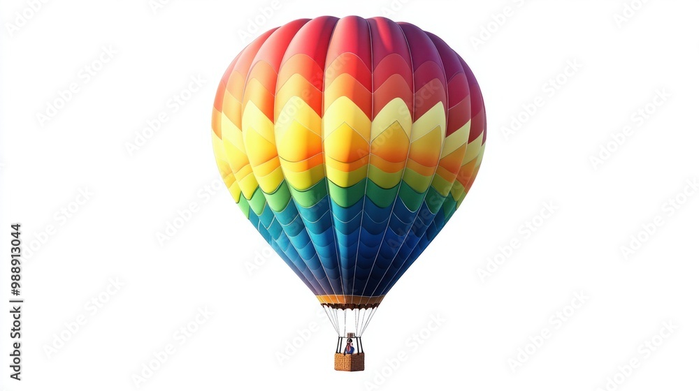 Fototapeta premium Vivid rainbow-patterned hot air balloon floating high, isolated on white.