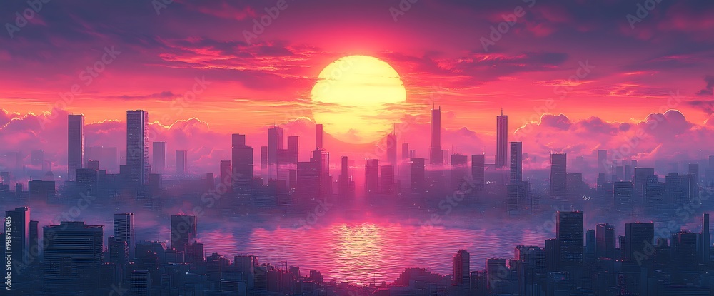 A vibrant cityscape with a large glowing sun setting behind a sea of clouds. A vibrant cityscape with a large glowing sun setting behind a sea of clouds.
