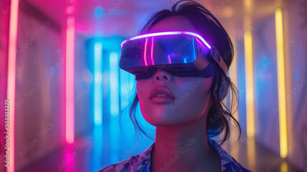 Woman with futuristic VR headset standing in neon-lit hallway. AI generative. . Woman with futuristic VR headset standing in neon-lit hallway. AI generative. .